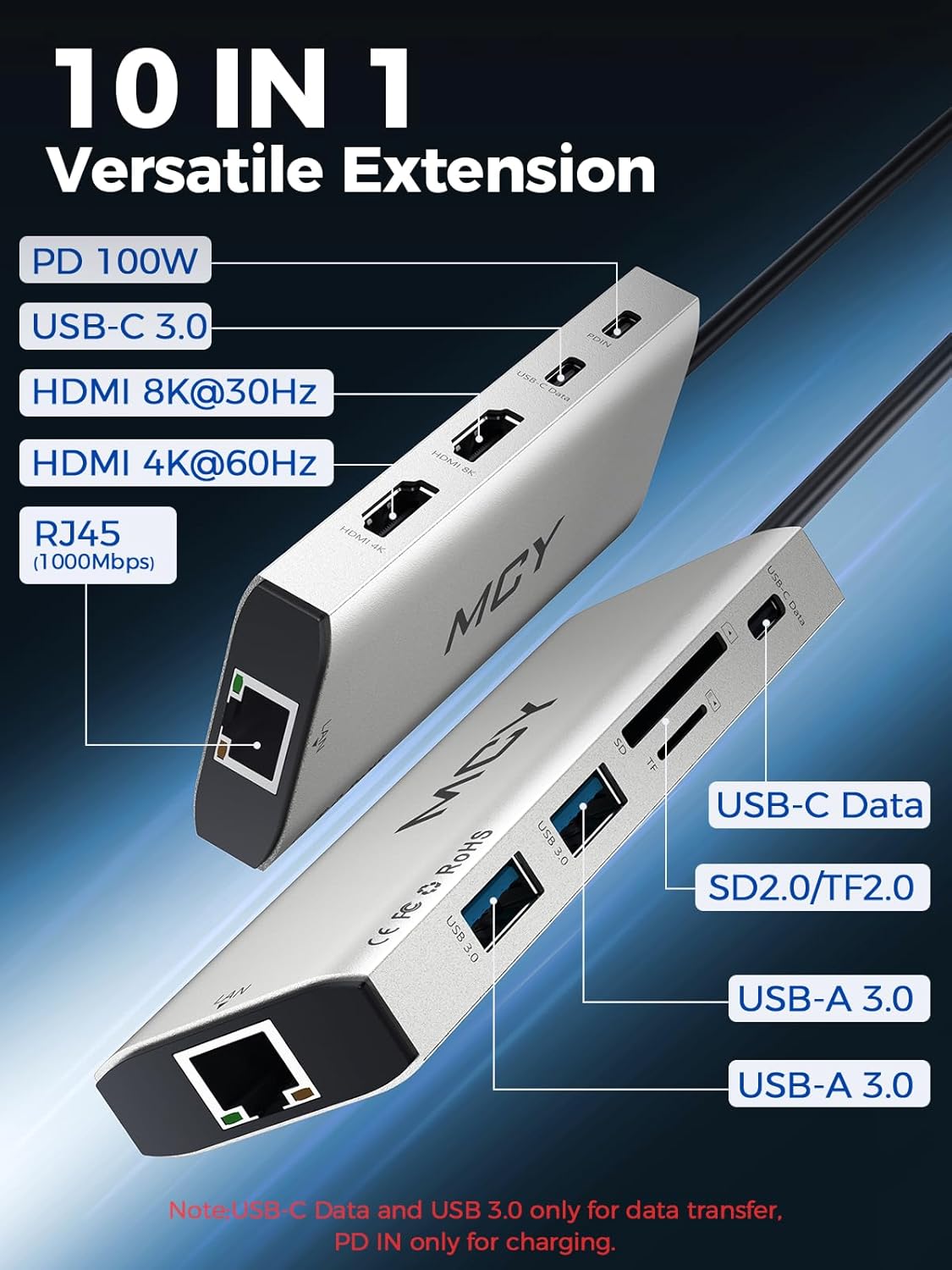 MCY USB C Hub,Laptop Docking Station Dual Monitor Single 8K,2x4K@60Hz,10 in 1 Type-C Multiport Adapter with 2 HDMI,PD100W,Extender Splitter,Card Reader,Ethernet Dock for Mac/Dell/HP/Surface/Steam Deck