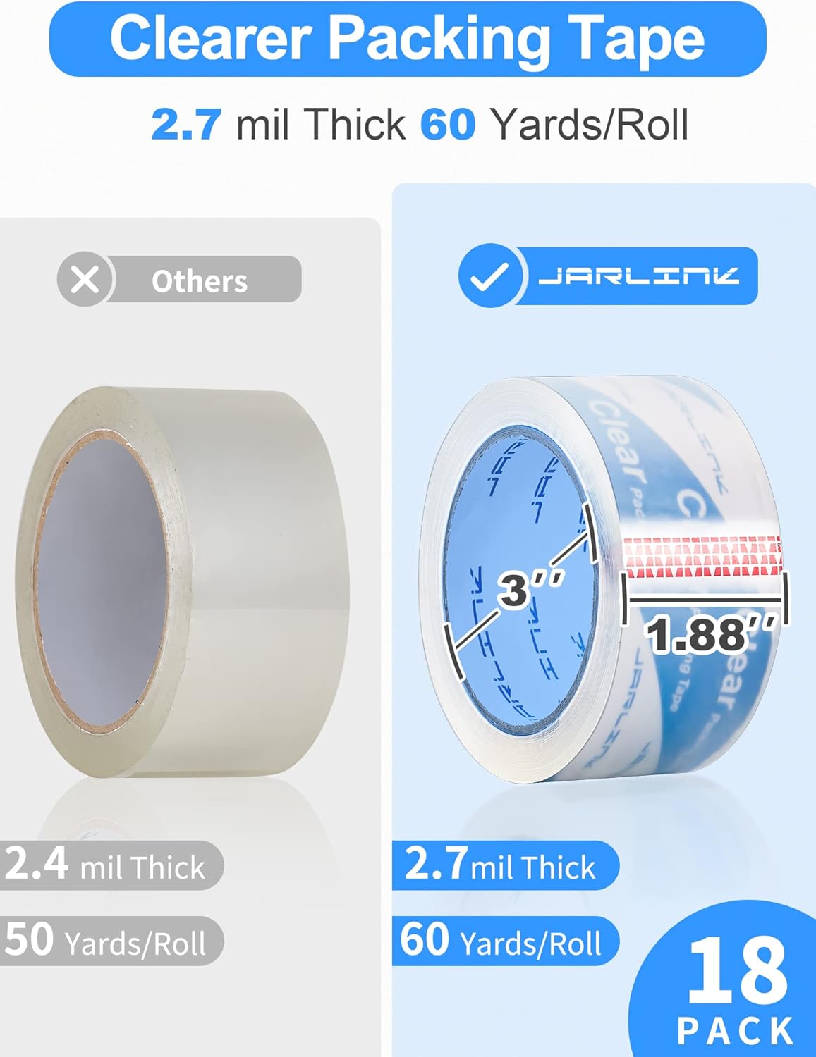 JARLINK Clearer Packing Tape 18 Rolls, Heavy Duty Packaging Tape for Shipping Packaging Moving Sealing, 2.7mil Thick, 1.88 inches Wide, 60 Yards Per Roll, 1080 Total Yards