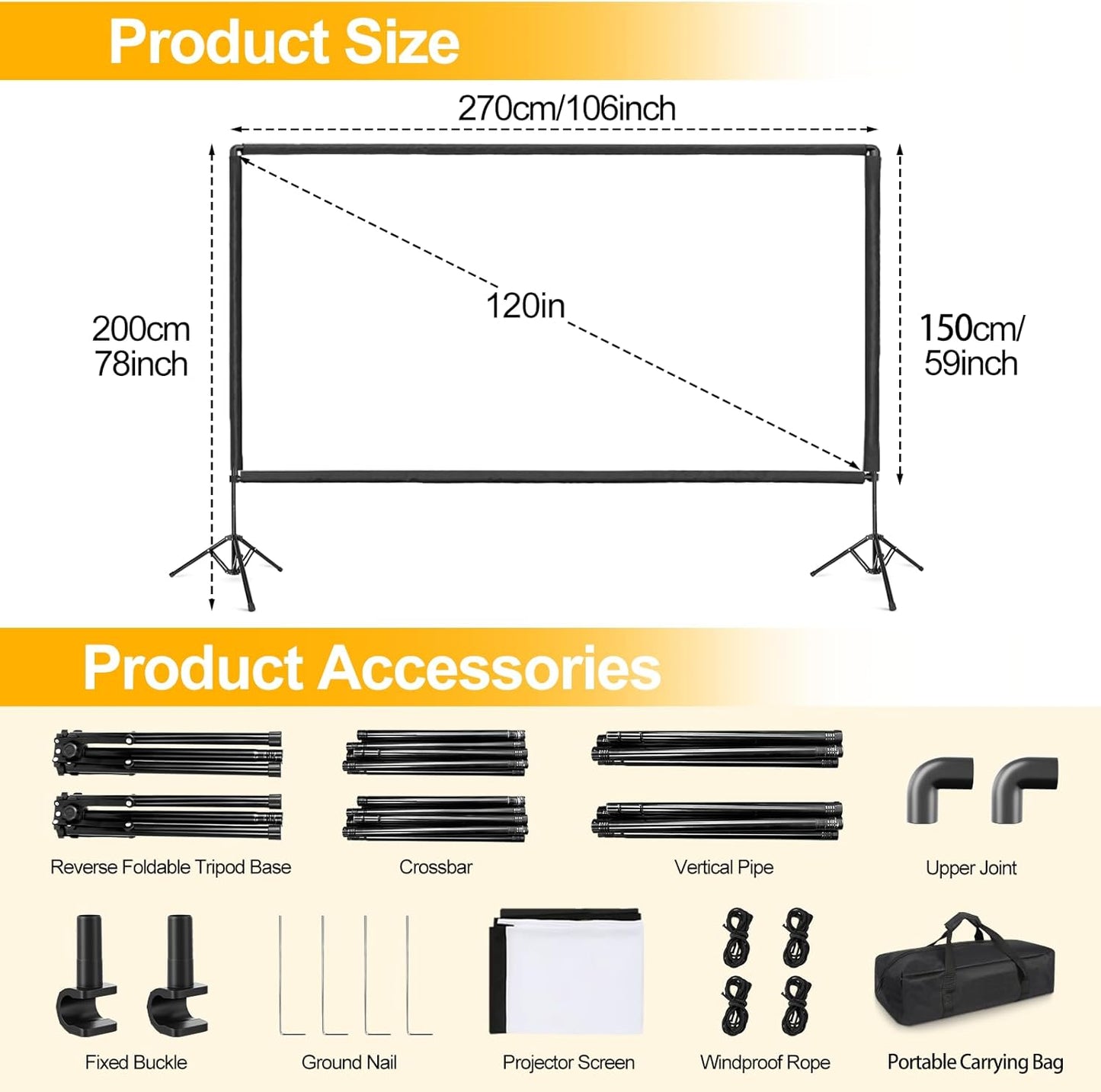 Outdoor Projector Screen with Stand, 120 inch Portable Projector Screen Stand with Elastic Rope Bar, Indoor 16:9 4K HD Wrinkle-Free Front Rear Projection Screen with Carry Bag for Movie Night Camping