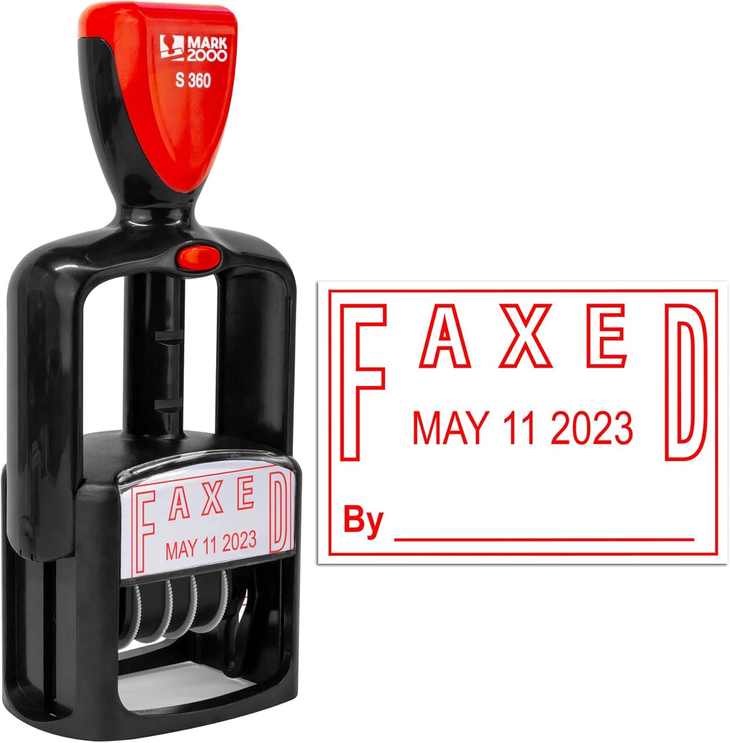 Self-Inking Rubber Date Office Stamp with Faxed Phrase - Red Ink - 12-Year Band