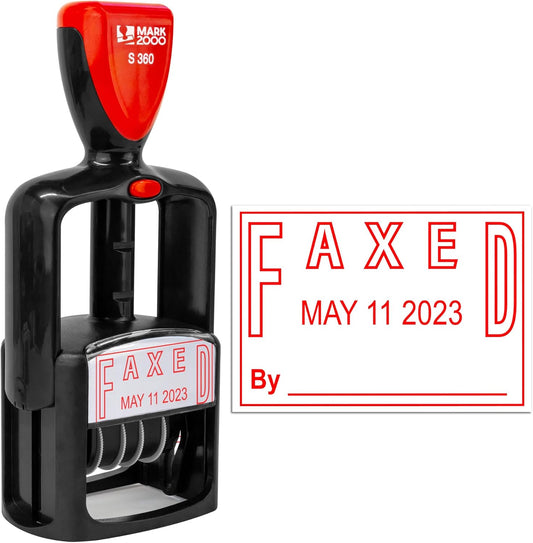 Self-Inking Rubber Date Office Stamp with Faxed Phrase - Red Ink - 12-Year Band
