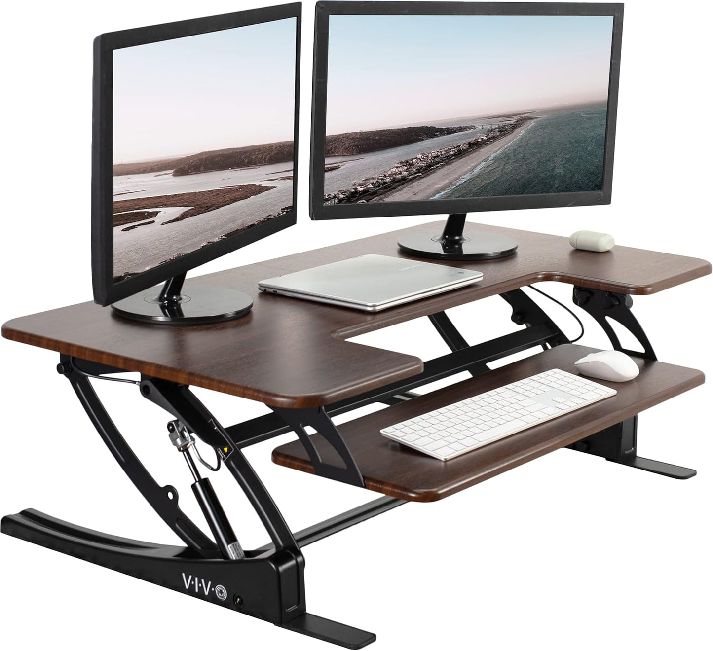 VIVO 42 inch Height Adjustable Stand Up Desk Converter, V Series, Quick Sit to Stand Tabletop Dual Monitor Riser Workstation, Dark Walnut Top, Black Frame, DESK-V000VLD