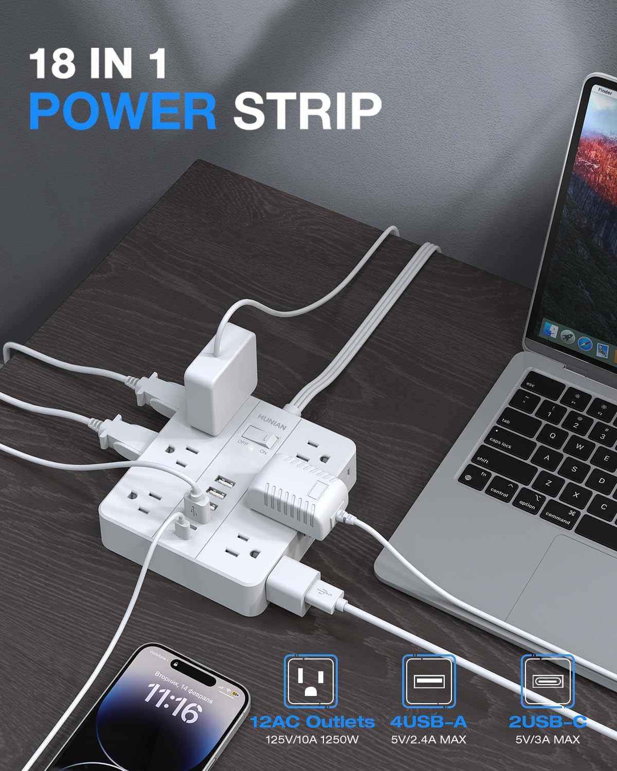 Extension Cord 25 Ft, HUNIAN Flat Plug Power Strip Surge Protector, 12 Widely Spaced Outlets with 6 USB Charger (2 USB C Ports), Desk Charging Station for Home Office Supplies, Dorm Room, White