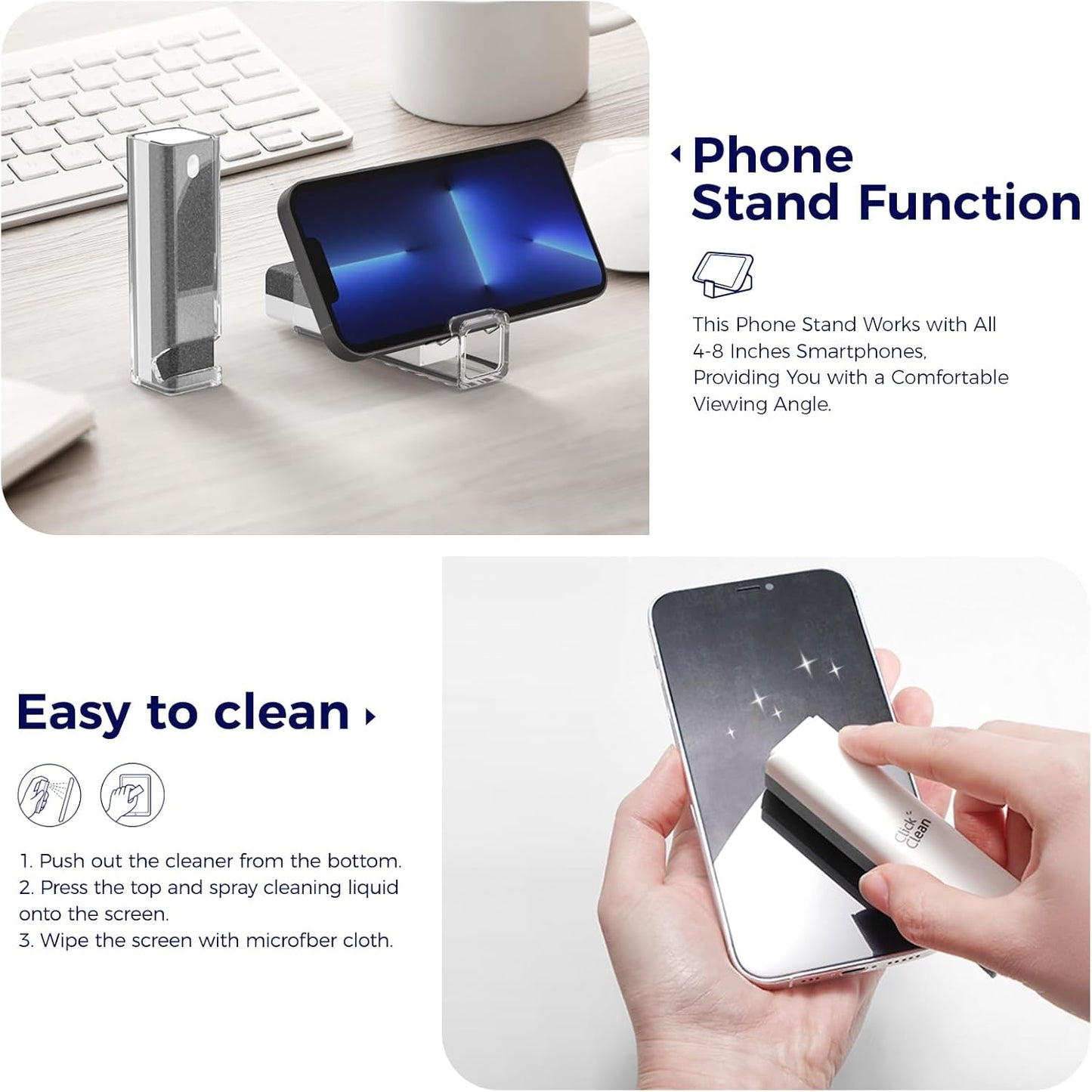 Click Clean Screen Cleaner Kits - 2 All-in-One Mist Cleaner with 4 oz Refill, 1 Microfiber Cloth(7.8 x 7.8in), 1 Mini Funnel, and 1 Sprayer - for All Phones, Laptop and Tablet Screens