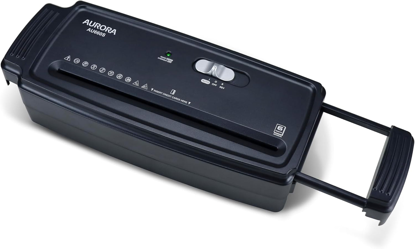 Aurora AU660S 6-Sheet Strip Cut Paper/Credit Card Shredder Without Wastebasket, Portable with Extendable Arm, Black