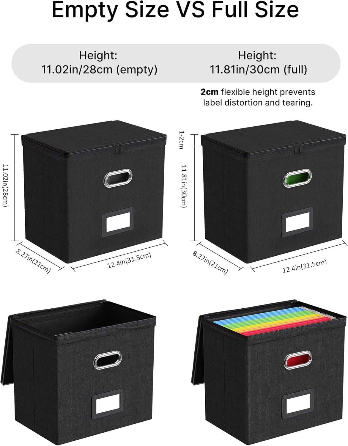 Oterri 2 Pack File Organizer Boxes with Lids, File Box with Mesh Pockets, Document Organizer Box for File Folders Letter Size, Zippers Filing Box for Home, Office, School (Black, Without Folders)