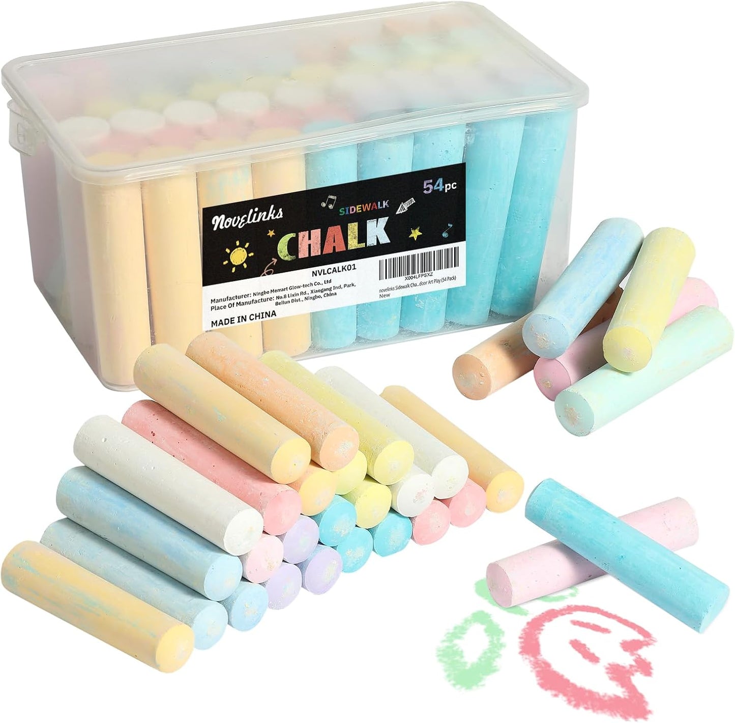 novelinks 54 Pack Sidewalk Chalk Set 10 Color Washable Non-Toxic Drawing Set Durable Jumbo Drawing Chalk for Outdoor Art Play and Schools