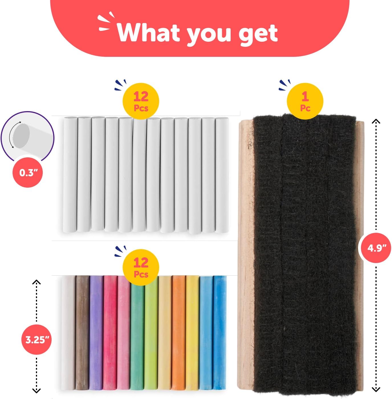 Kedudes Dustless Chalk with Eraser, 24pk - 12 Colored Chalkboard Chalks and 12 White Chalk for Chalkboard and Board Erasers Set - Blackboard Chalks and Eraser with Wooden Handle