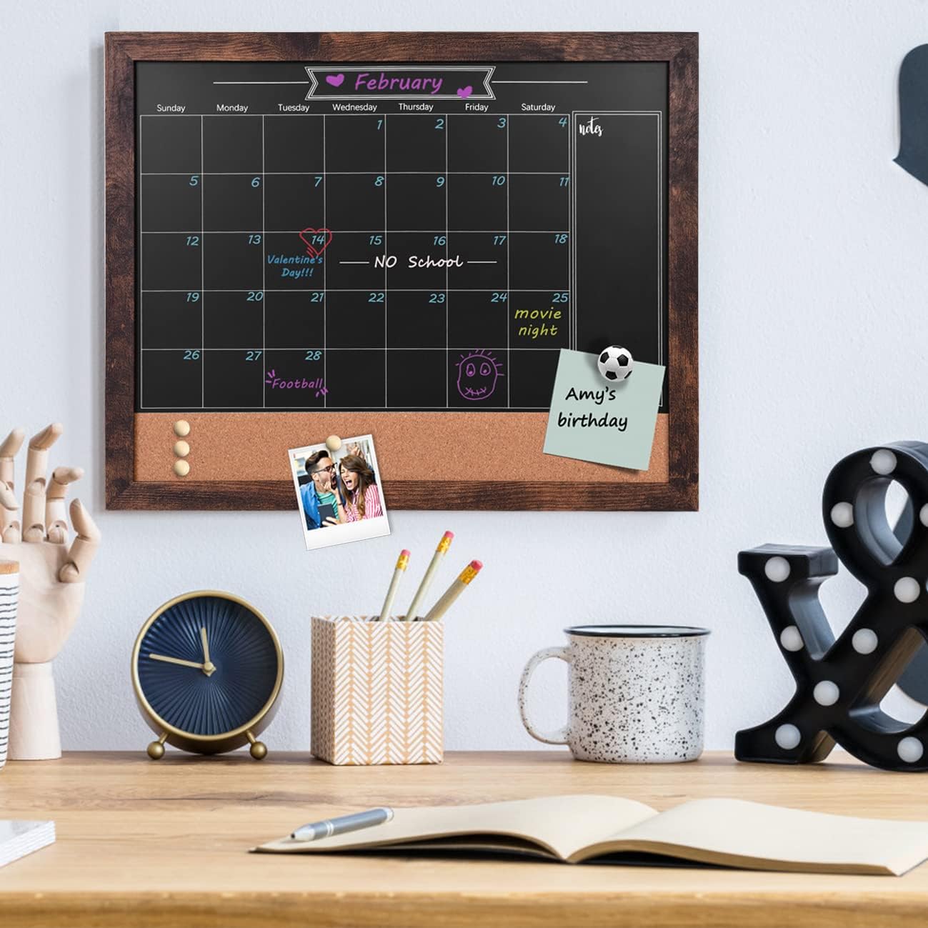 TORASO Magnetic Chalkboard Calendar Corkboard, Small Combination Chalk Board Bulletin Board, 13" x 17",Walnut Brown Framed Blackboard Calendar Cork Combo Board(ZHHB-BN-3343)