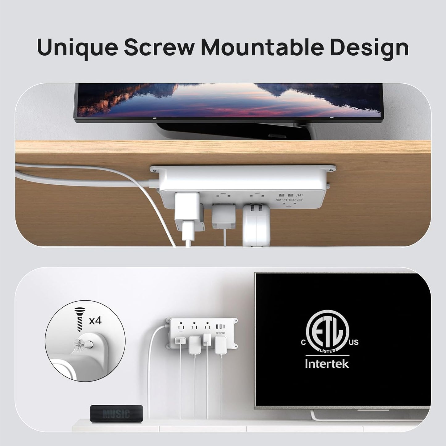 TROND Surge Protector Power Strip 10ft, ETL Listed, Flat Plug Long Extension Cord with 2 USB A and 1 USB C, 7 Widely-Spaced Outlets, Wall Mountable, 1700 Joules, White