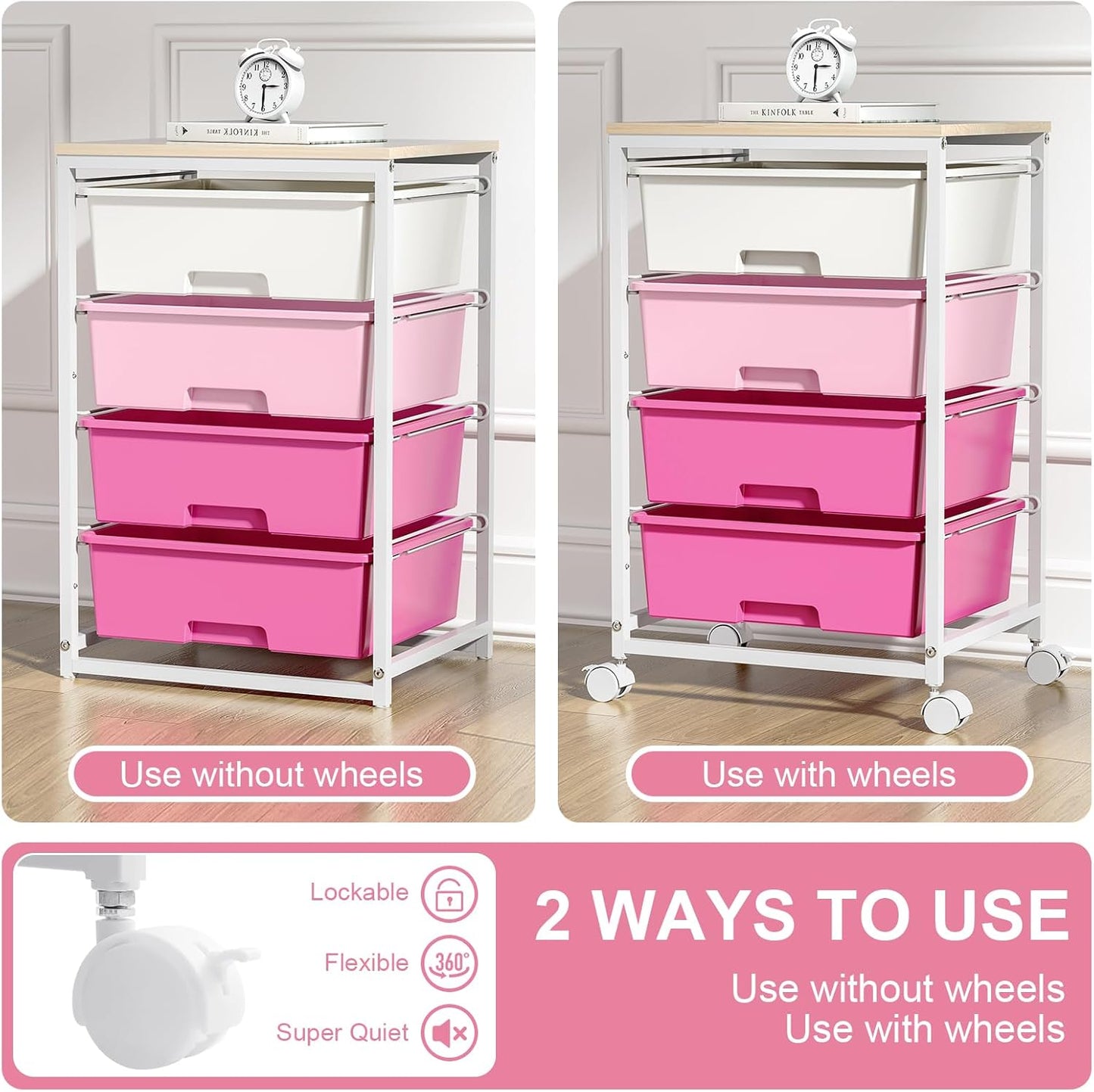 Utility-Rolling-Craft-Storage-Cart-Organizer with 4 Drawers and Wooden Tabletop, 4 Tier Drawer Cart for Home Office, Kid Room, Classroom Teacher, Dorm, Pink