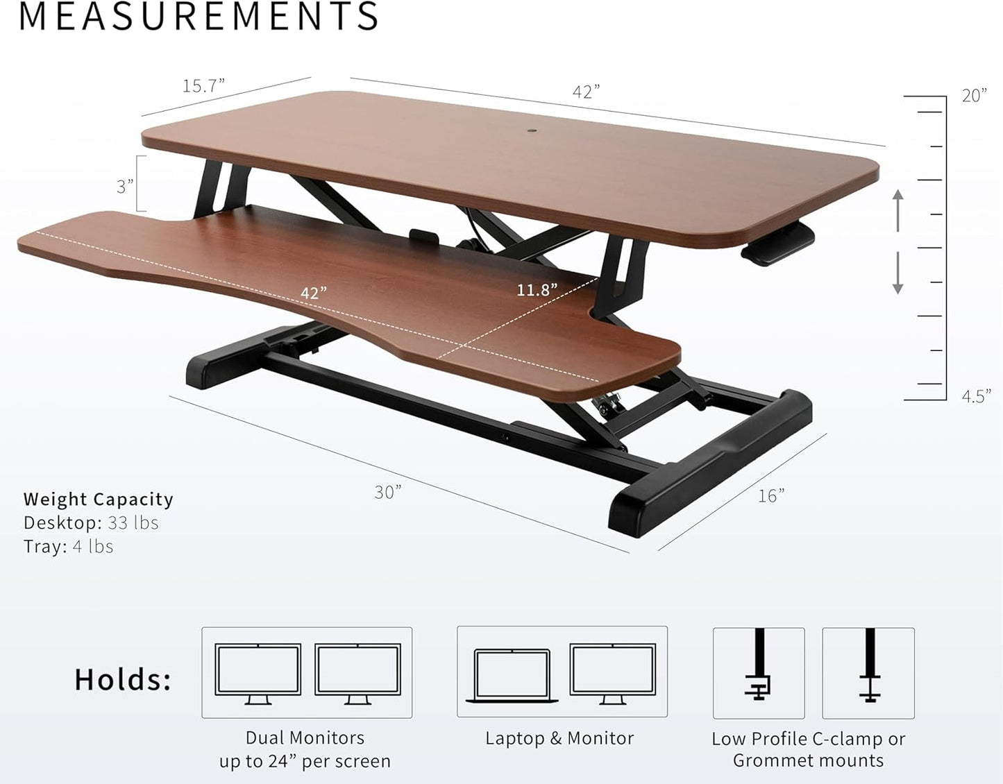VIVO 42 inch Desk Converter, K Series, Height Adjustable Sit to Stand Riser, Dual Monitor and Laptop Workstation with Wide Keyboard Tray, Dark Walnut Top, Black Frame, DESK-V042KA
