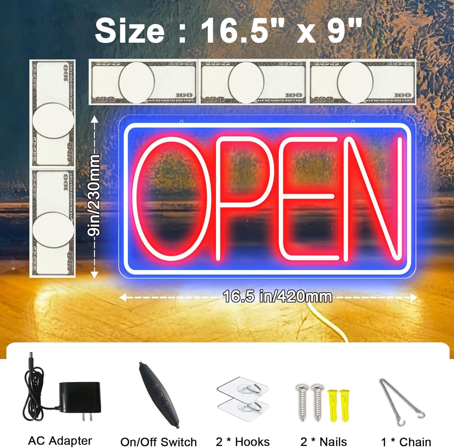 Led Neon Open Signs for Business,16.5"X 9" Ultra Bright Open Signs, Powered by 12V/2A AC Adapter, 6 Levels Adjustable Bright Led Neon Open Sign for Bar Salon Coffee Stores Club Hotel (Horizontal)