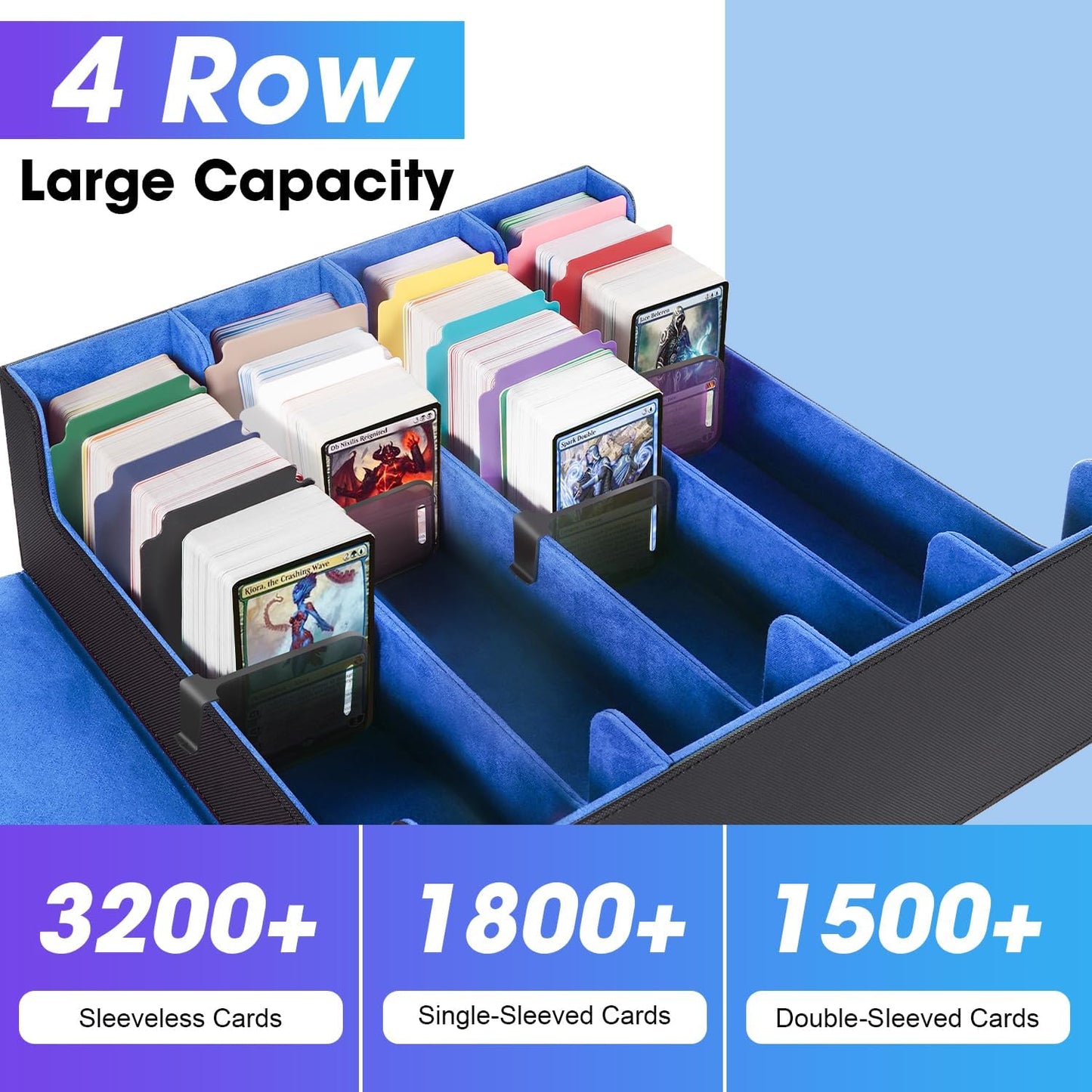 Card Organizer Box, 3000+Trading Card Storage Box, PU Leather Card Organizer Box With 24 Dividers, Magnetic Closure, 4 Supporters, Card Holder Box For Game Sports Card,Blue