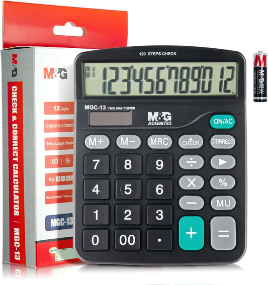 M&G Desk Calculator 12 Digit Office Calculators with Check & Correct, Dual Solar Power and Battery, Large LCD Display Business Calculator with Big Buttons Black