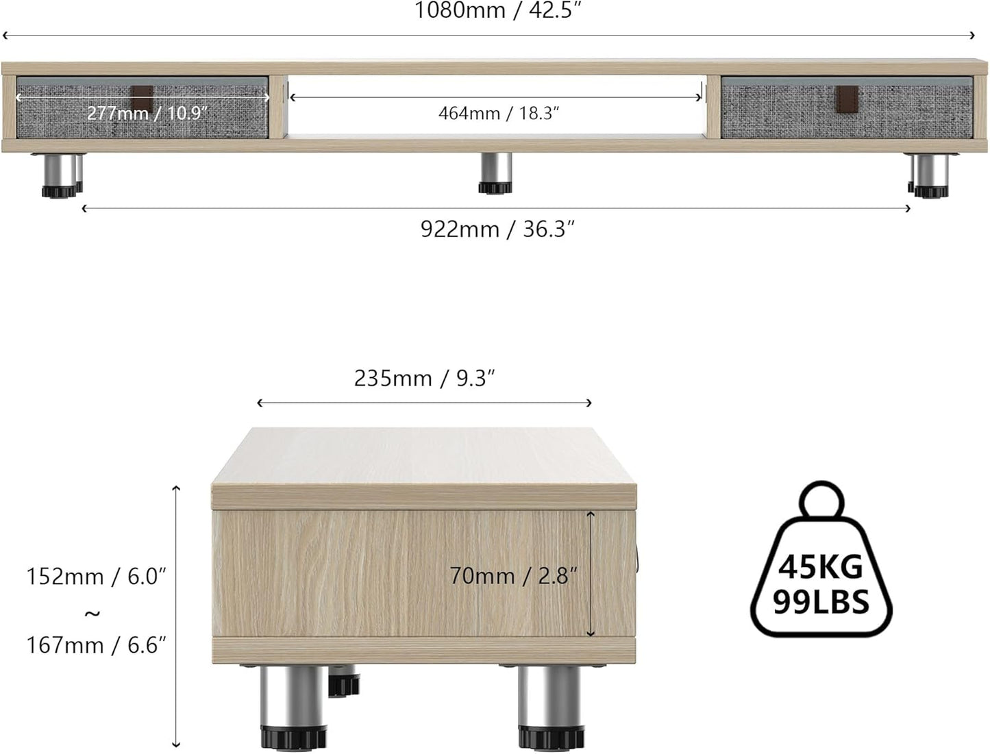Fenge Monitor Stand, Dual Monitor Stand with 2 Drawers, Monitor Riser for 2 Monitors, Adjustable Height Computer Stand, Office Monitor Stands for Desk, Laptop, PC, TV, Printer