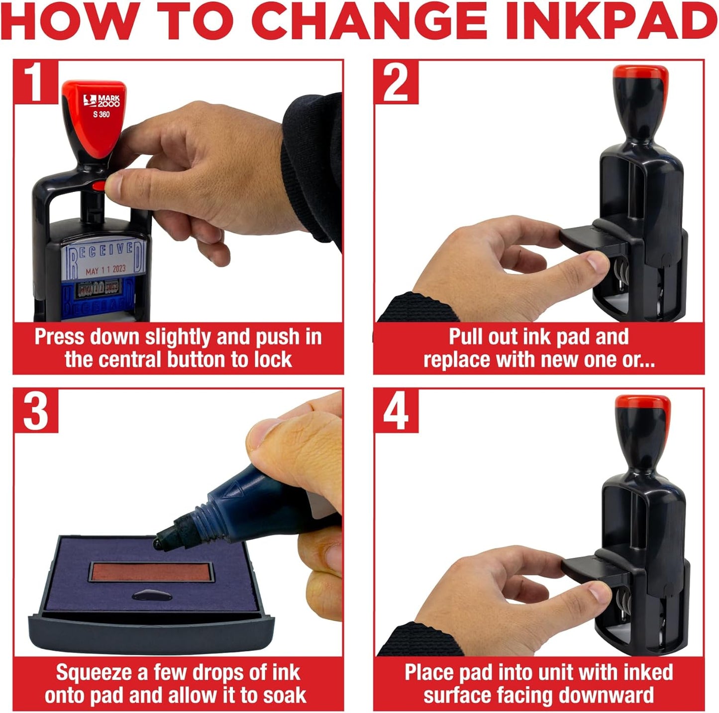Self-Inking Rubber Date Office Stamp with Faxed Phrase - Red Ink - 12-Year Band
