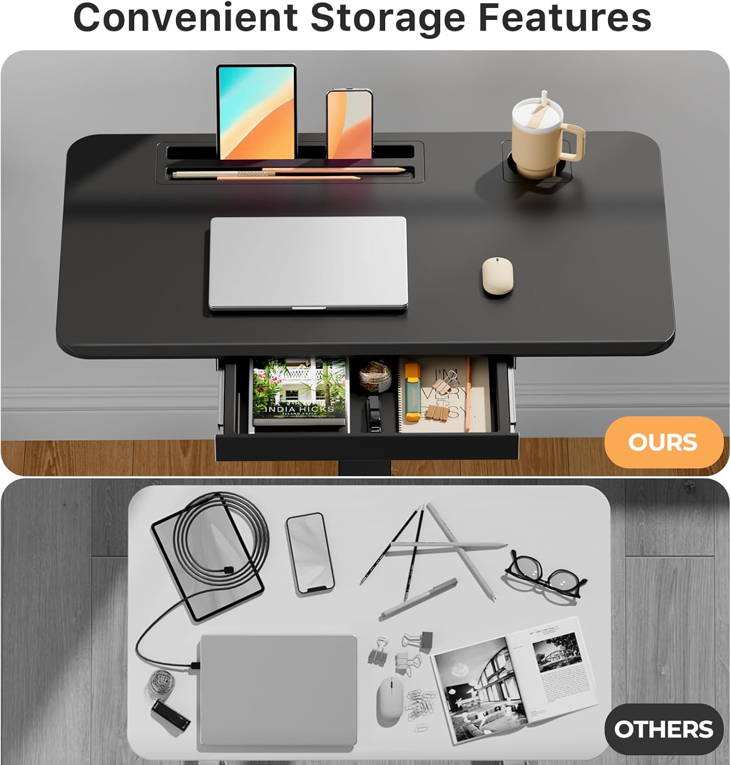 Mobile Standing Desk with Drawer, 35" Small Standing Desk with Cup Holder, Rolling Laptop Cart on Wheels, Height Adjustable Table with Storage for Home Office, Black