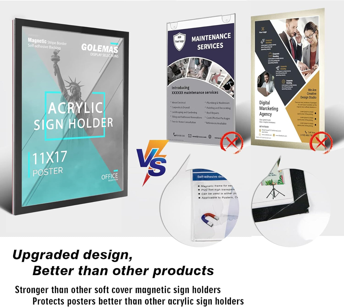 Acrylic Magnetic Sign Holder, Easy-Opening 11 x 17 Wall Mount Display Frames, Self Adhesive Back Plastic Clear Document Frame, Horizontal & Vertical Display (Black, 12Pack)