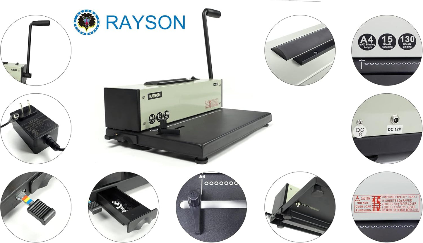 Rayson PD-1501 Coil Binding Machine with Electric Coil Inserter - Professionally Bind Presentations Documents, 4:1 Pitch with 46 Round Holes Spiral Binder