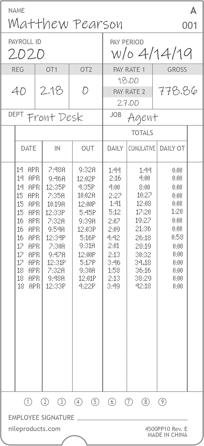 Nile Products - Authentic Time Cards for Nile Products 4500PP Compatible [ 4500PP10MB ] Electronic Calculating Time Clock, Double Sided Time Sheets (3.37 x 7.37 Inches) - 1000 Time Cards