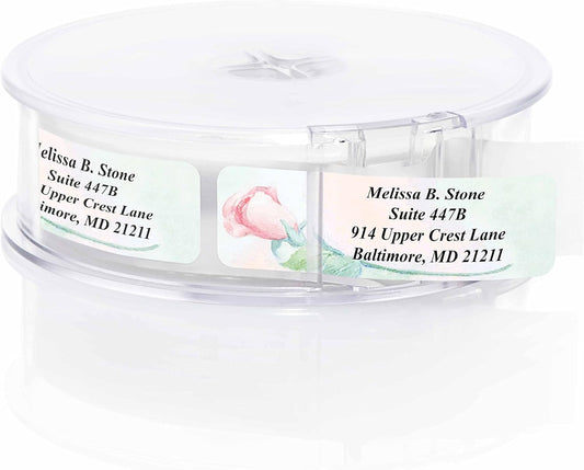 Soft Rose Watercolor Designer Rolled Address Labels with Elegant Plastic Dispenser
