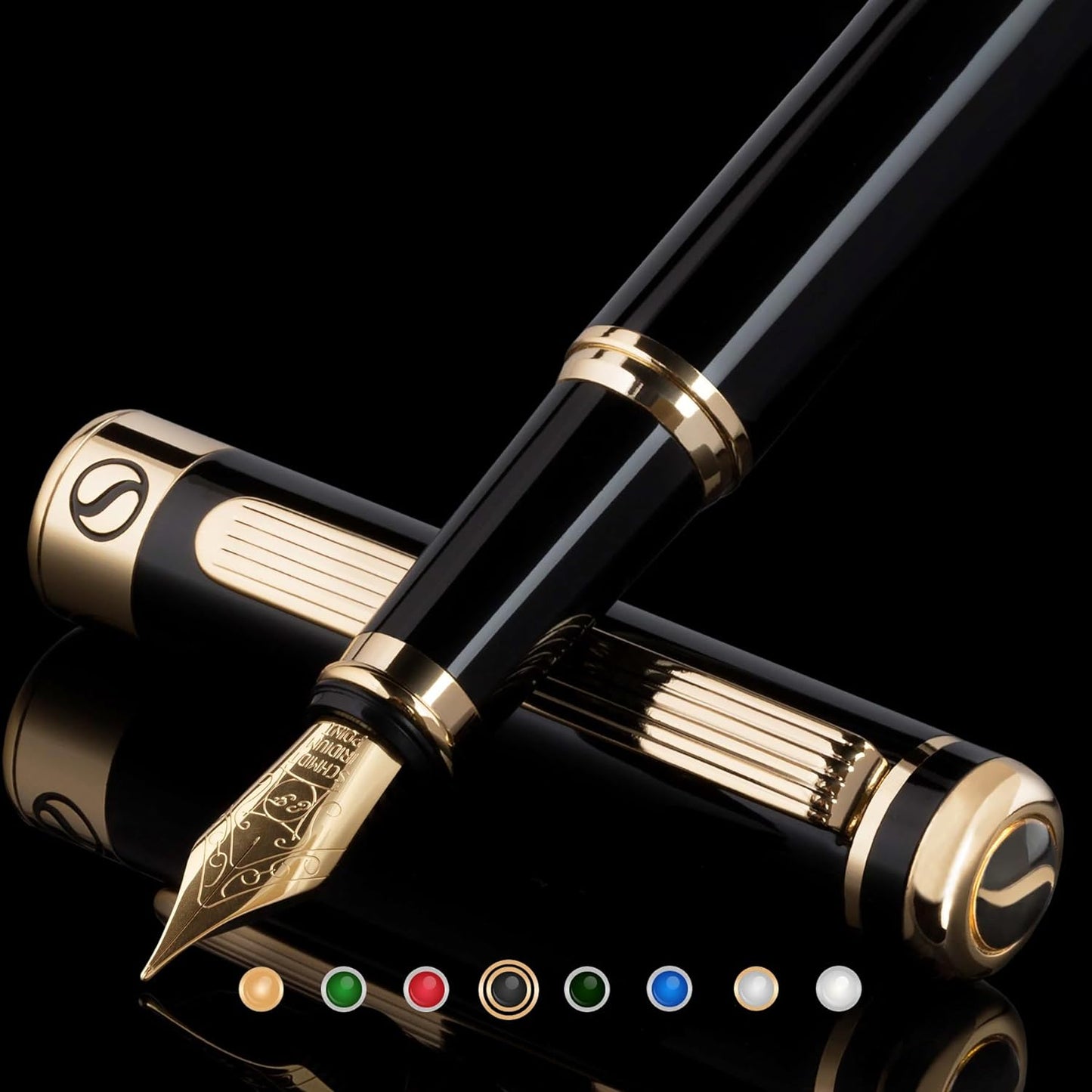 Scriveiner Black Lacquer Fountain Pen - Stunning Luxury Pen, Real Gold Finish, Schmidt Gilded Nib (Extra Fine), Best Pen Gift Set for Men & Women, Professional, Executive, Office, Nice Pens