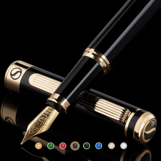 Scriveiner Black Lacquer Fountain Pen - Stunning Luxury Pen, Real Gold Finish, Schmidt Gilded Nib (Extra Fine), Best Pen Gift Set for Men & Women, Professional, Executive, Office, Nice Pens