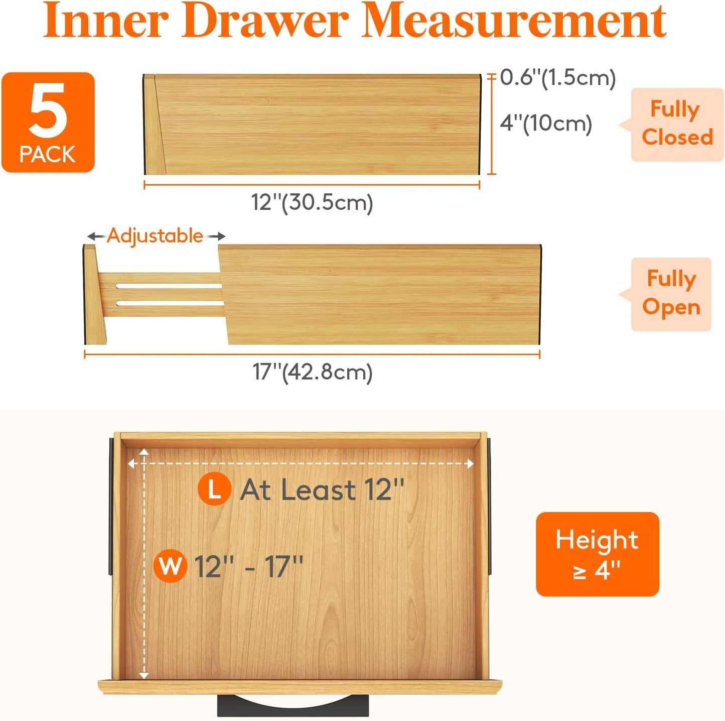 Lifewit 5 Pack Drawer Dividers Bamboo 4" High, 12-17" Adjustable Drawer Organizers for Clothes, Expandable Dresser Separators in Bedroom/Bathroom/Kitchen/Fridge/Office Organization and Storage