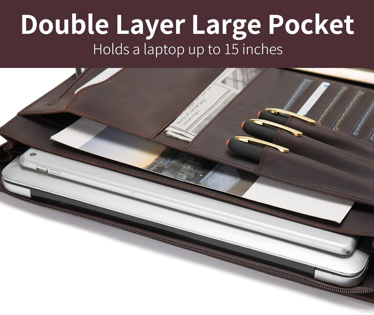 Genuine Leather 3 Ring Binder Portfolio, 8.5 x 14 Legal Size Pad Holder, Hidden Handle, Zippered Padfolio with 15” Laptop Organizer, Professional Business Folio for Men Women, Dark Brown