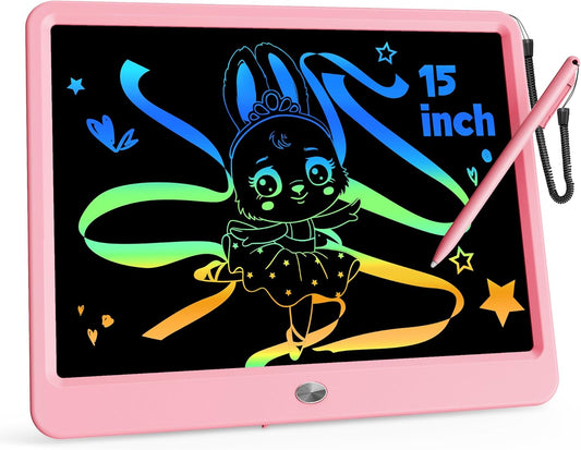 KOKODI 15 Inch LCD Writing Tablet with Anti-Lost Stylus, Erasable Doodle Board Colorful Toddler Drawing Pad, Car Travel School Games Toys for 3 4 5 6 7 8 Kids, Birthday Gift for Girls Boys Pink
