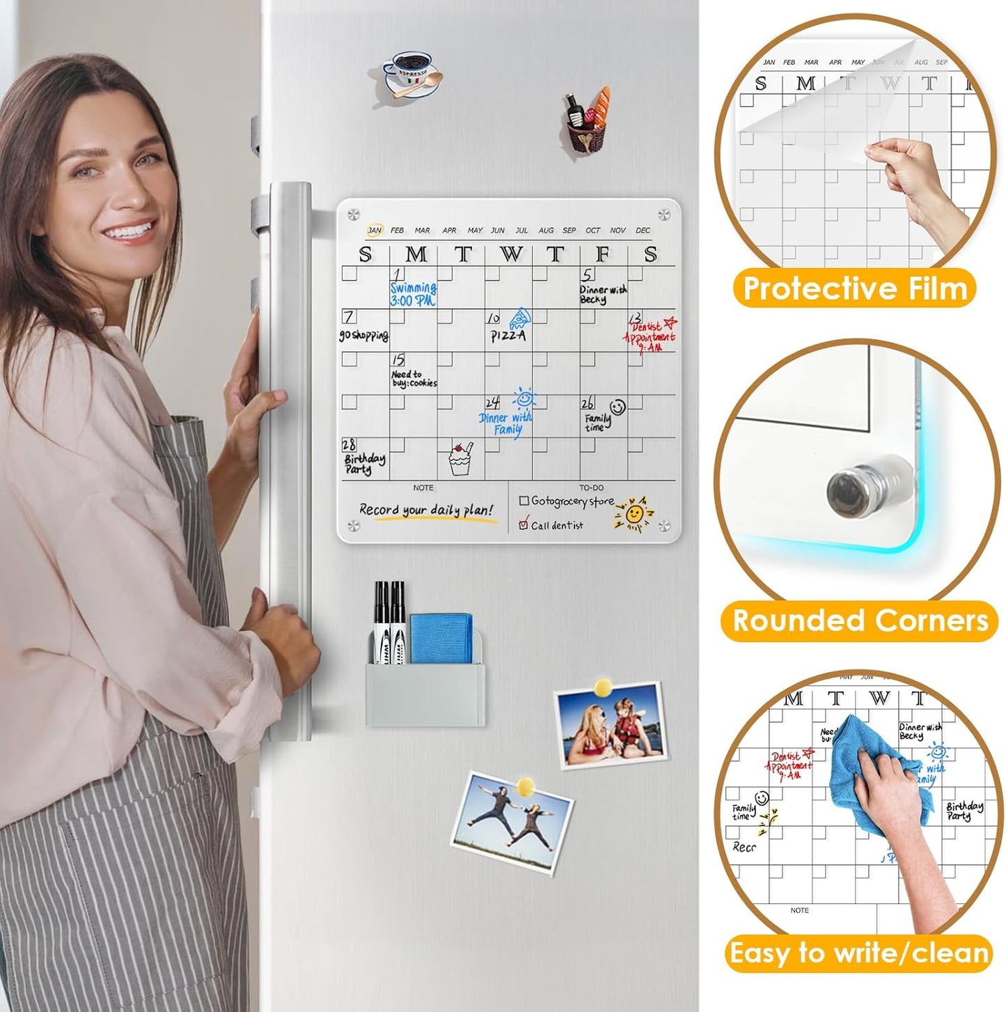 MAKELLO Acrylic Calendar for Wall, Clear Fridge Calendar for Family,2 Pens, Pen Holder, Fixing Screw and Magnets for Refrigerator,12x12 in