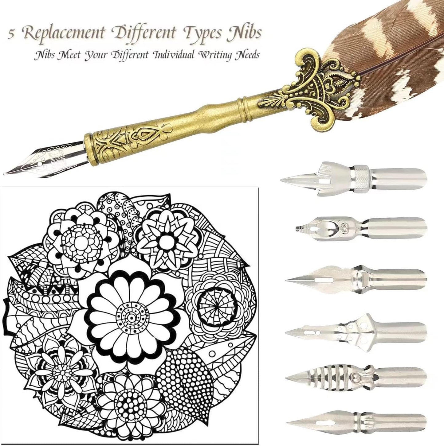 Quill Pen and Ink Set Feather Pen with Ink and 6pcs Nibs Calligraphy Pens for Beginners for Lettering,Drawing, Journaling, Signing, Invitation HO-Q-300