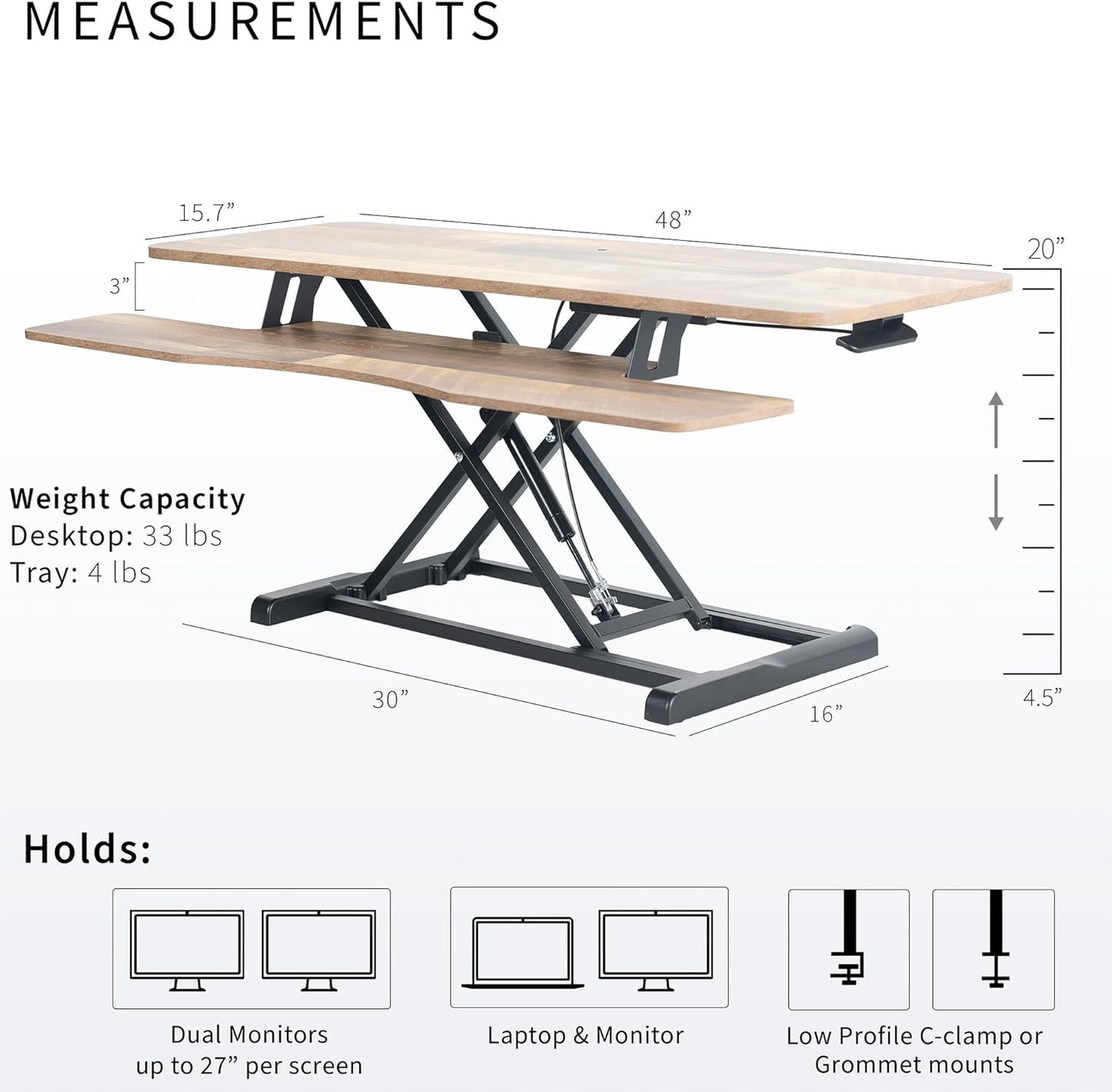 VIVO 42 inch Desk Converter, K Series, Height Adjustable Sit to Stand Riser, Dual Monitor and Laptop Workstation with Wide Keyboard Tray, Reclaimed Wood Top, Black Frame, DESK-V042KP