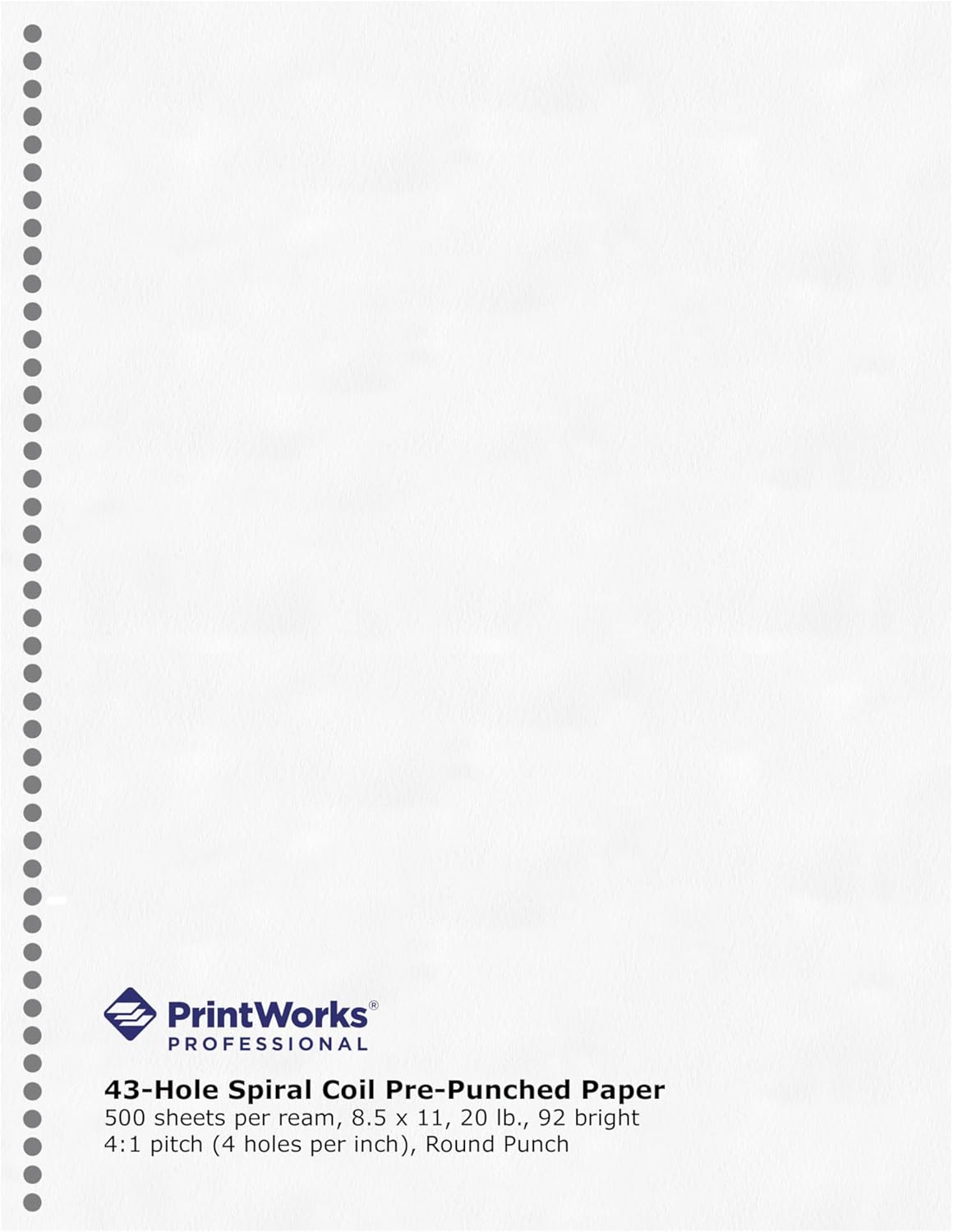PrintWorks Professional Pre-Punched Spiral Binding Paper - 43-Hole (4:1 Pitch Hole Punch) - Book Binding Printer Paper - Made in the USA - 500 Sheets - 8.5" x 11" - 20 lb - 92 Bright White (04144)