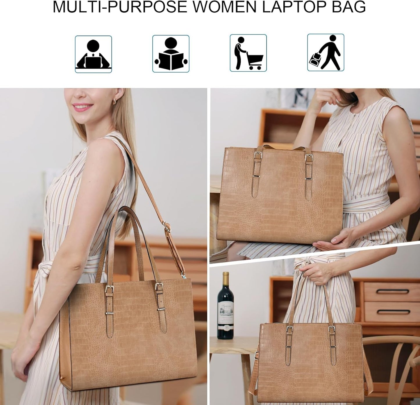 Laptop Bag for Women 15.6 Inch Laptop Tote Bag Leather Classy Computer Briefcase for Work Waterproof Handbag Professional Shoulder Bag Women Business Office Bag Large Capacity Grey