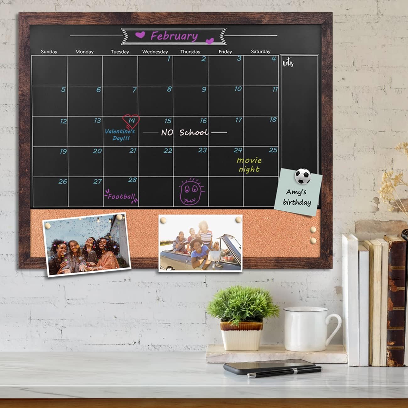 TORASO Magnetic Chalkboard Calendar Corkboard, 17.7" x 21.6" Combination Chalk Board Bulletin Board, Walnut Brown Framed Blackboard Calendar Cork Combo Board(ZHHB-BN-4555)