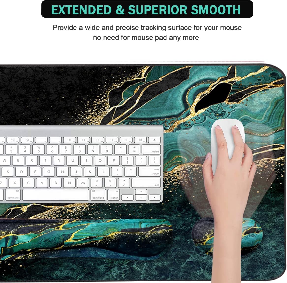 Keyboard Mouse Pad Set, Extended Mouse Pad+Keyboard Wrist Rest Support, Memory Foam Ergonomic Easy Typing, 3Pcs (35.4×15.7 in) Desk Pad Set for Home Office Study Game - Malachite Marble