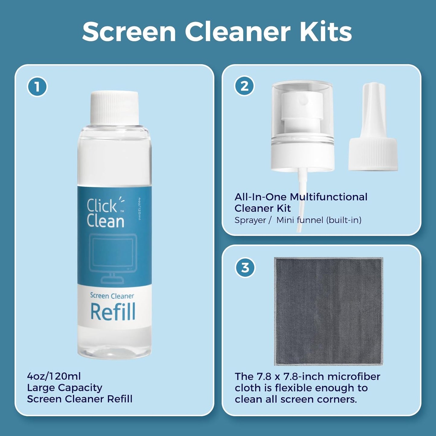 Click Clean Screen Cleaner Refill Kits - 4 oz Cleaner Refill and 1 Microfiber Cloth(7.8 x 7.8in), 1 Mini Refill Funnel + 1 Sprayer - Specially Designed for Click Clean Cleaning Products