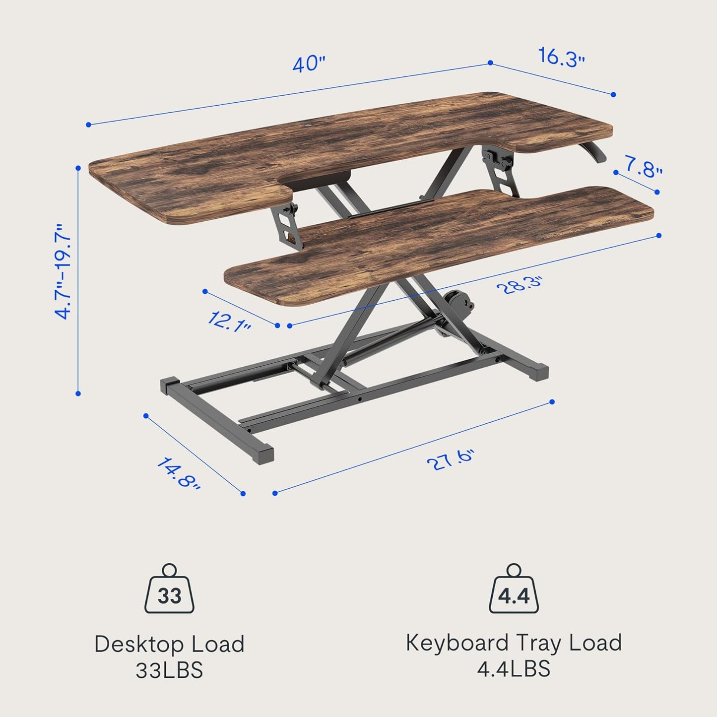 FLEXISPOT Standing Desk Converter 40in Sit to Stand up Desk Riser Height Adjustable Computer Workstation with Spacious 2-Tier Desktop, Rustic Color