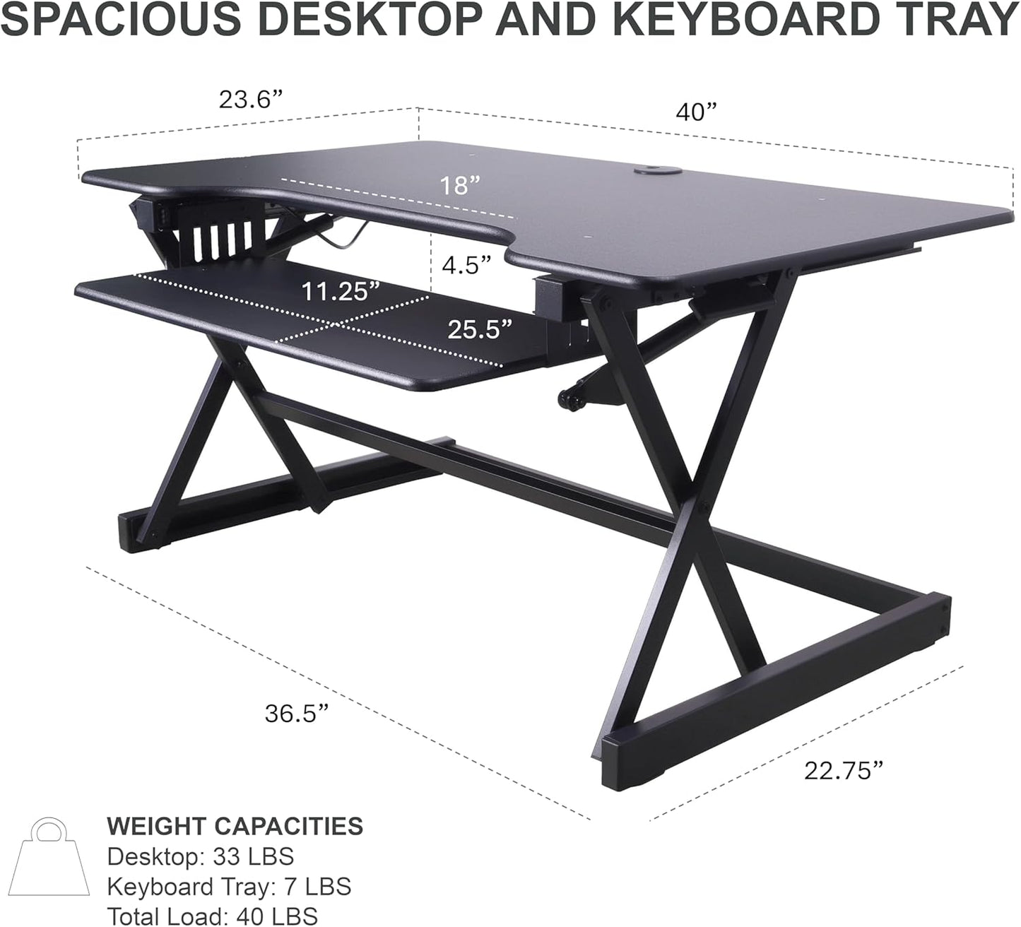 Rocelco 40" Height Adjustable Standing Desk Converter with AC Outlet USB Charger and Anti-Fatigue Floor Mat - Sit Stand Up Tabletop Riser - Sliding Keyboard Tray - Black (R DADRB-40-ACUSB-MAFM)