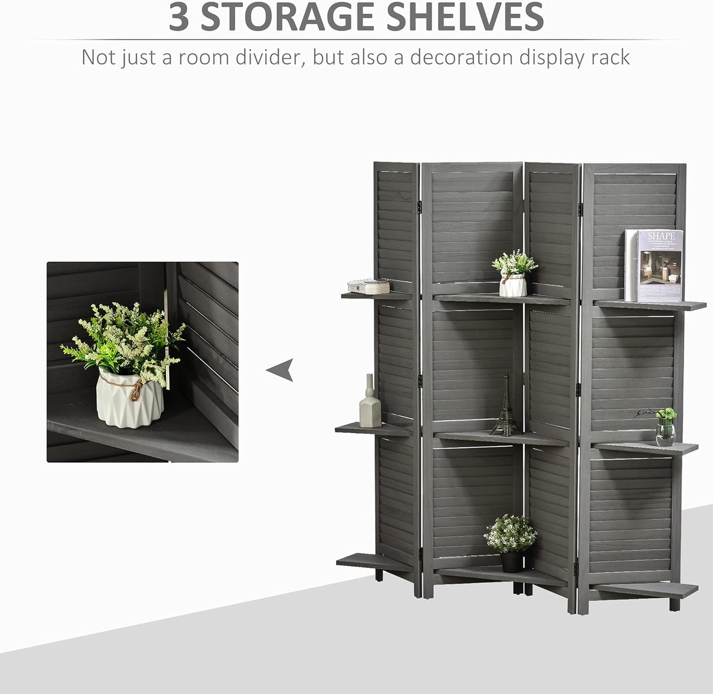 NicBex Room Divider 4 Panel Room Dividers with Storage Shelves Partition Room Dividers and Folding Privacy Screens 5.6 FT Wall Divider for Home, Office, Room Separation,63.75"W x 0.75"D x 67"H, Gray