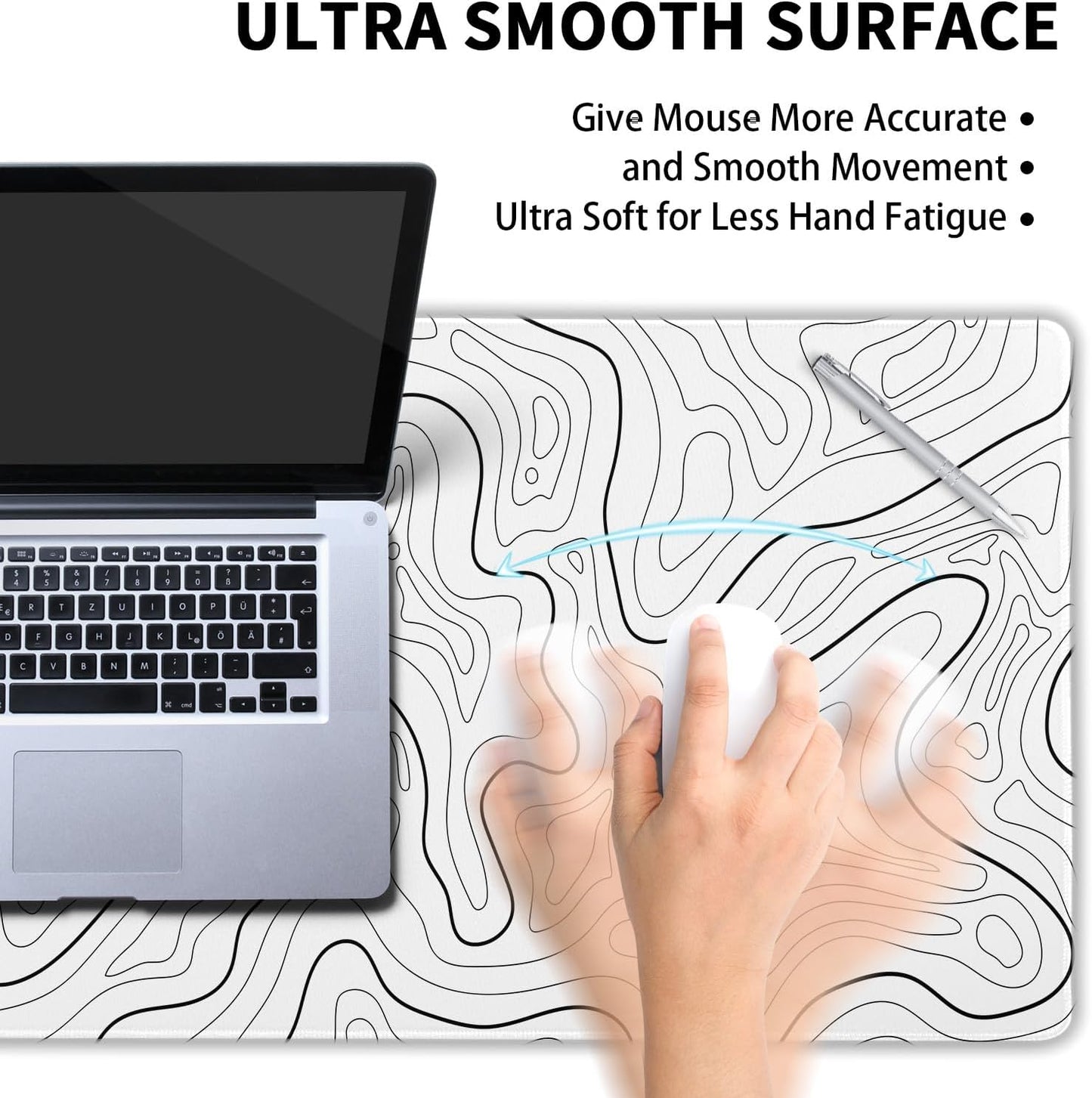 White Topographic Contour Gaming Mouse Pad XL Geographic Map Lines Minimalist Extended Large Mat Mousepad Desk Pad Non-Slip Rubber Base Stitched Edge Long Keyboard Pad for Computer,31.5×11.8 Inch