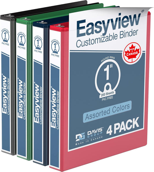 Easyview Premium 3-Ring Binders with Clear-View Covers and Round Rings, Binders for School or Office, 1 Inch, Pack of 4, Classic Colors
