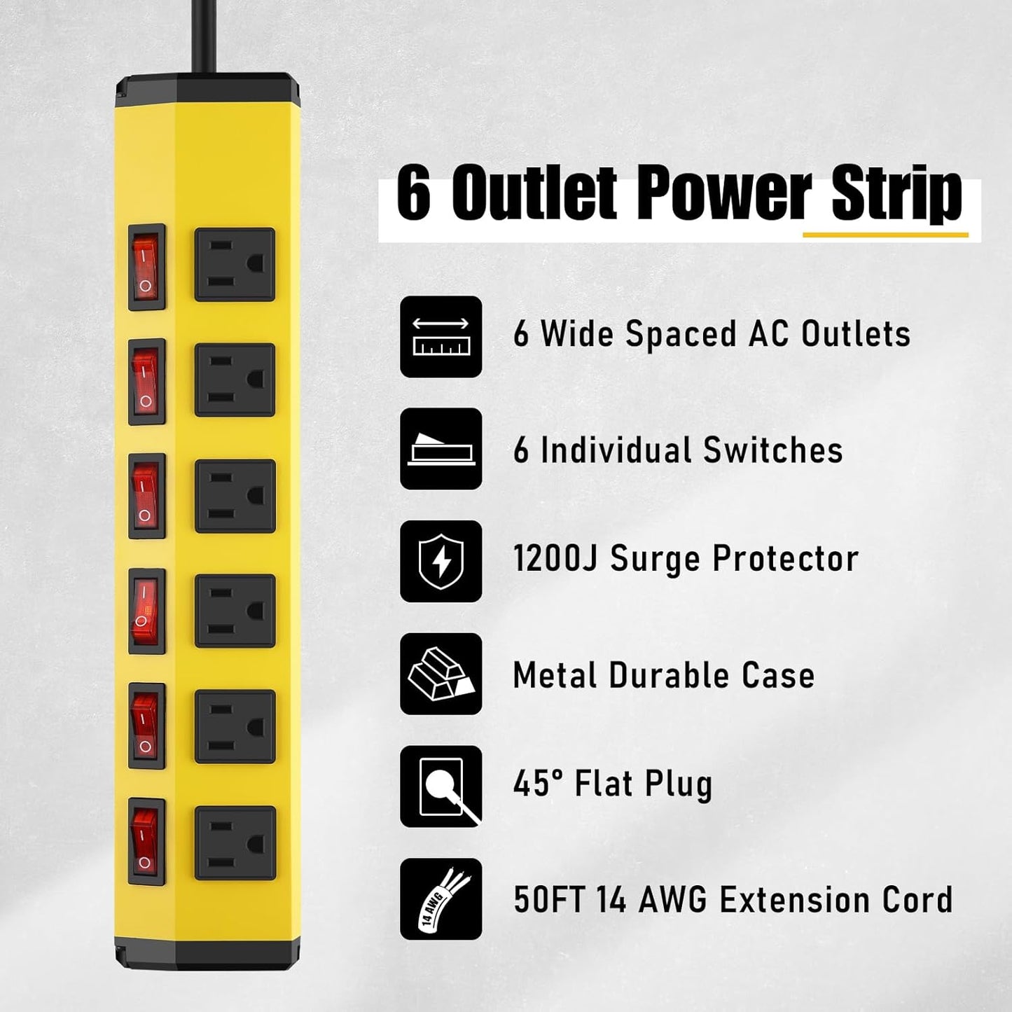 ANNQUAN 6 Outlet Metal Power Strip with 6 Individual Switches,Heavy Duty Power Strip 1200J 15A 50FT Cord Home Office Industrial Commercial Shop