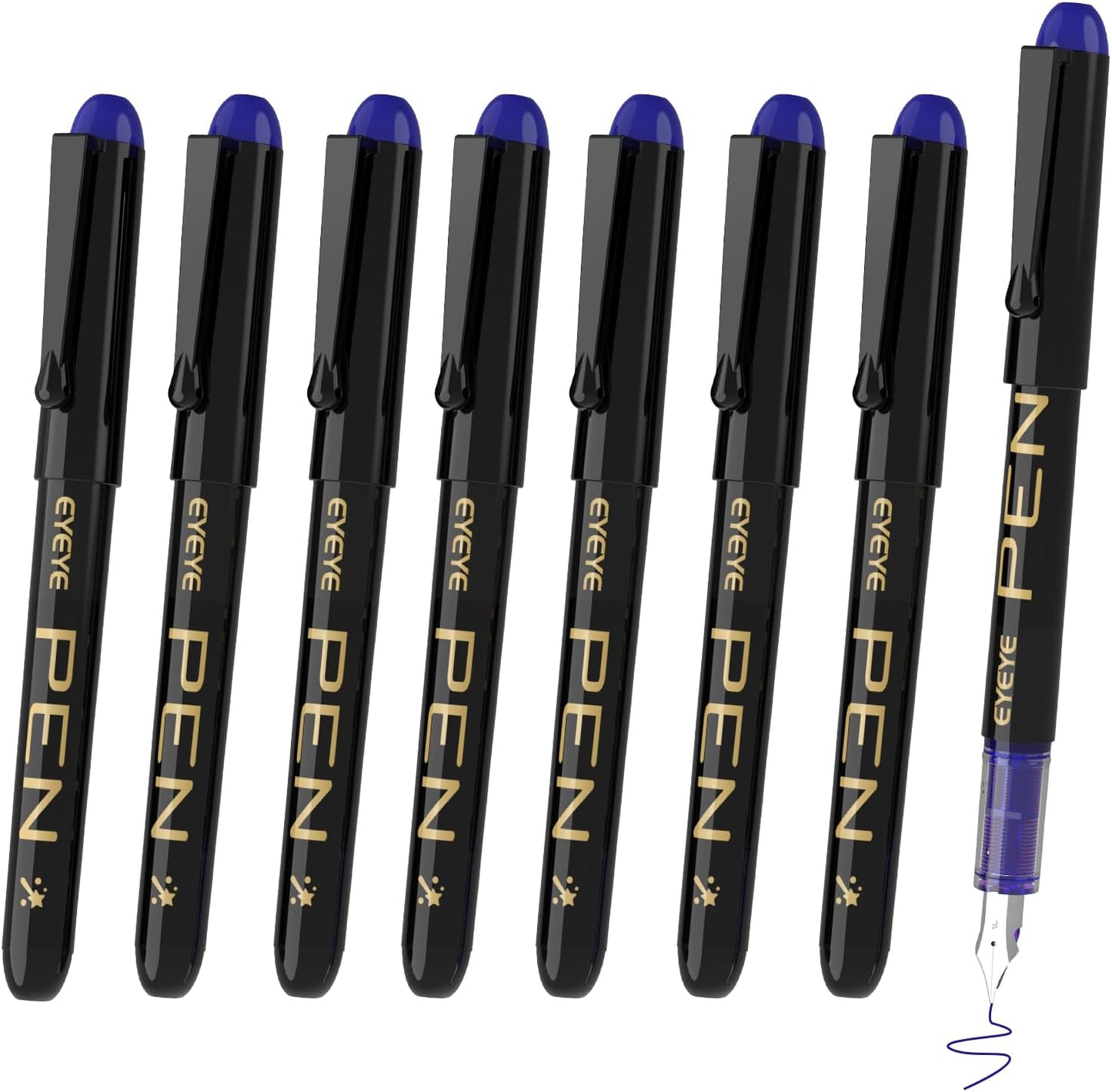 EYEYE Fountain Pens for Writing, 8 Pack Blue Fine Point Pens Disposable Fountain Pens Stainless Steel Nib, Smooth Writing for Journaling, Drafting, Sketching, Doodling & Office Supplies