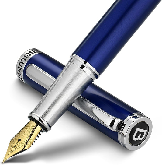 BEILUNER Luxury Fountain Pen Set,Solid 24K Gilded Fine Nib, Modern Classic Limited Edition -Includes 6 Ink Cartridges&Ink Refill Converter with Gift Case-Perfect for Men and Women（Charming blue）