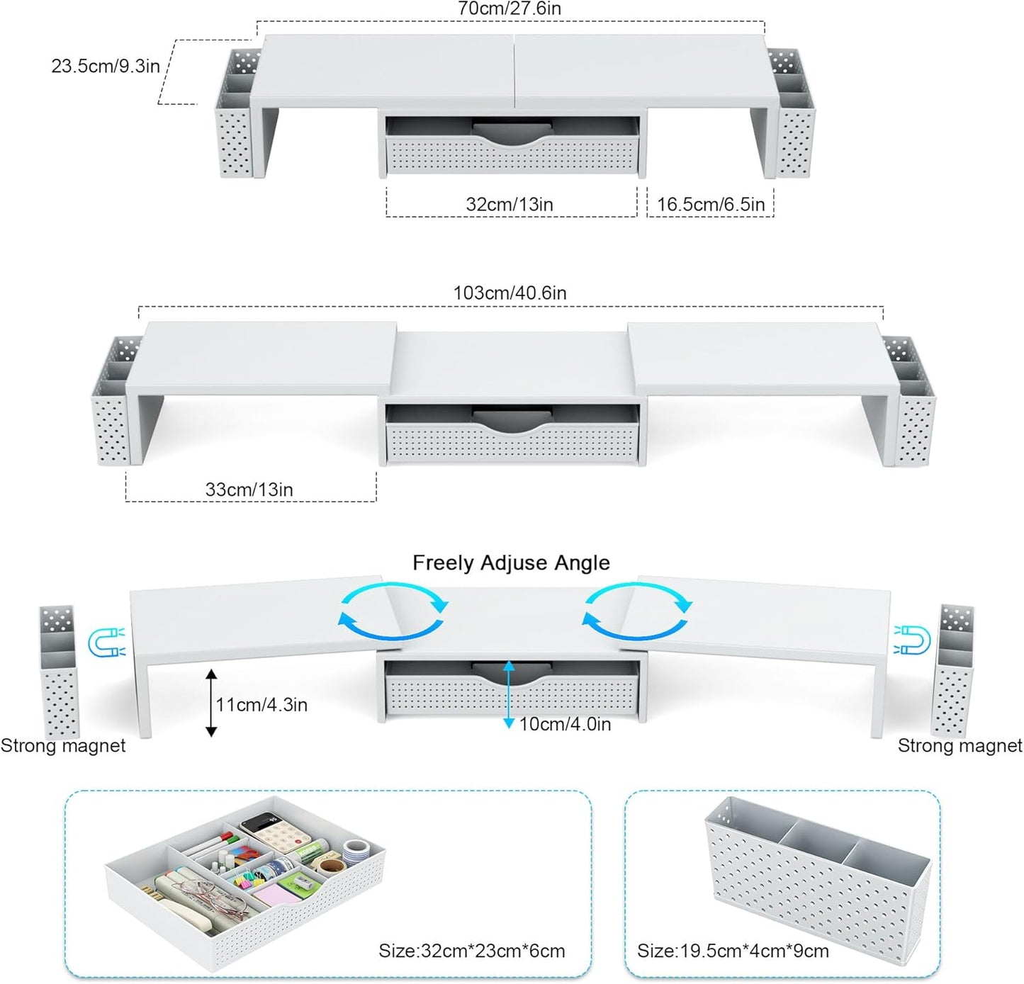 Spacrea Metal Desk Organizers and Accessories, Dual Monitor Stand Riser with Drawer and 2 Pen Holders, Desk Accessories & Workspace Desktop Organizers for Office Supplies (White)