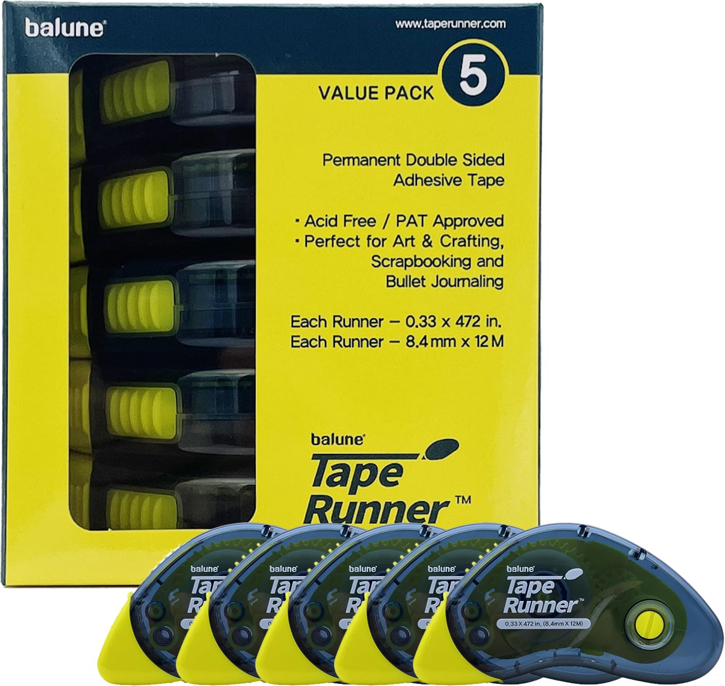 Tape Runner - Double Sided Adhesive with Dispenser Roller Included - Acid Free, Sticky, Clear & Transparent - Ideal for Scrapbooking, Crafts & More - Boomerang (417 inches per cartridge), 5 Cartridges