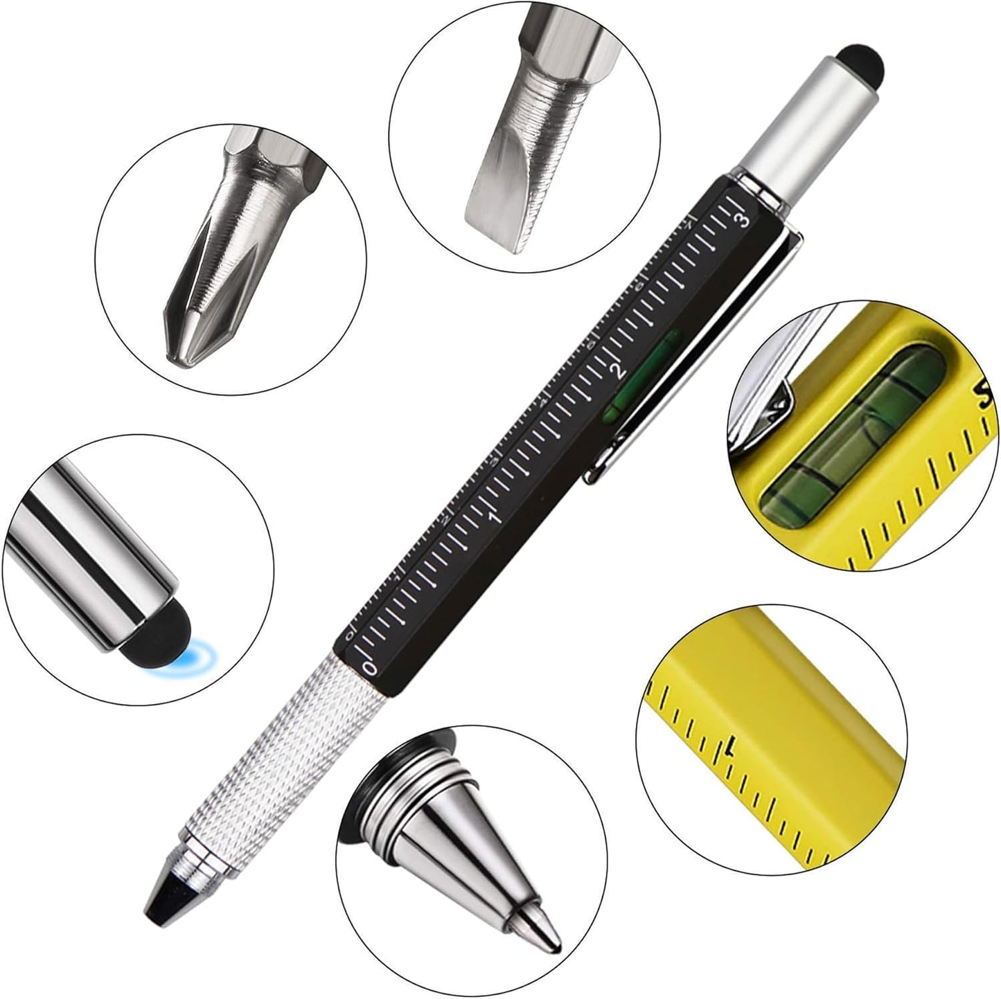 DUNBONG Metal Multi tool Pen 6-in-1 Stylus Pen - With Screwdriver, Ballpoint Pen Black ink, Stylus pen, Level and Ruler, 1-Count (Black)